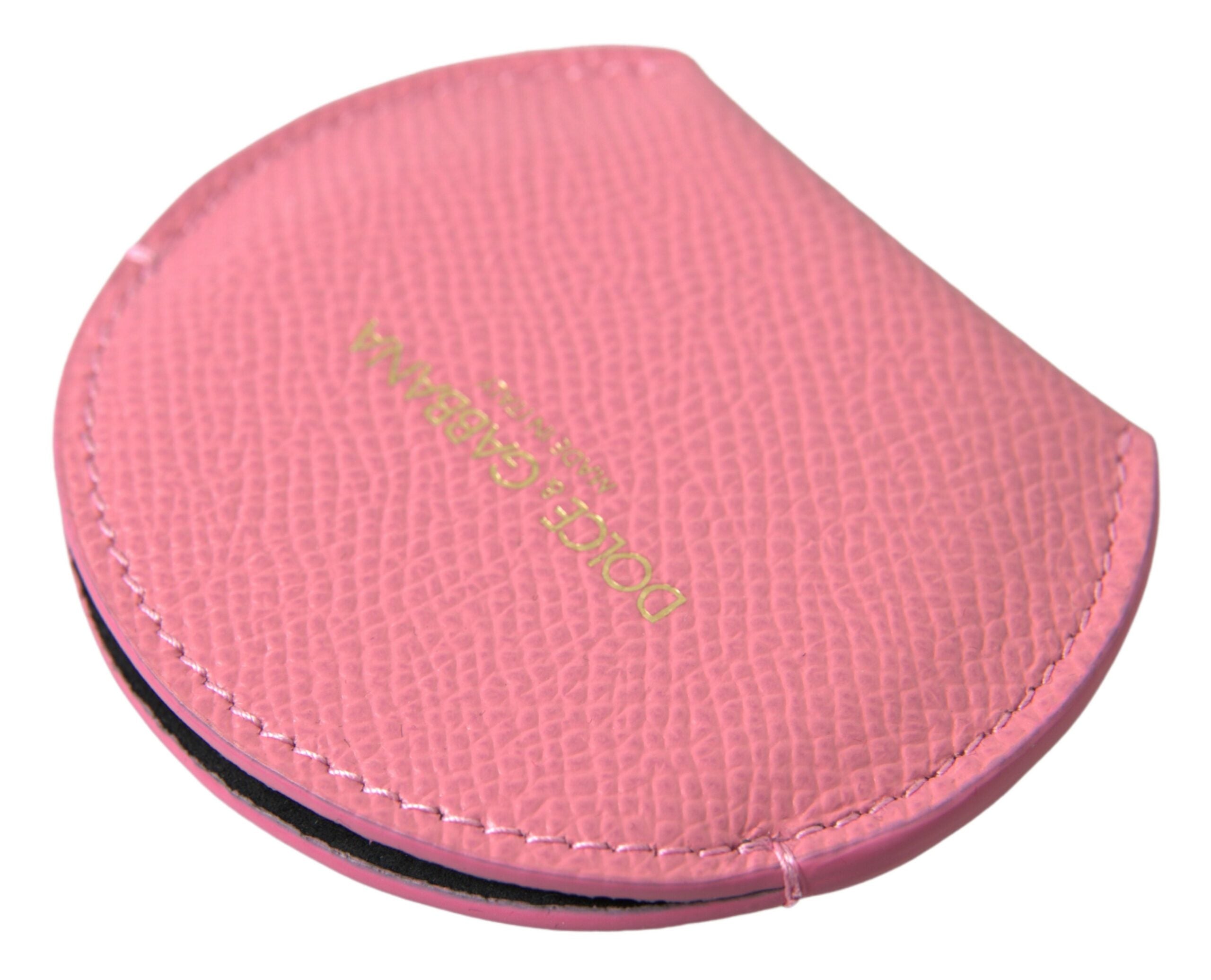 Dolce & Gabbana Pink Calfskin Round Logo Print Hand Mirror Holder