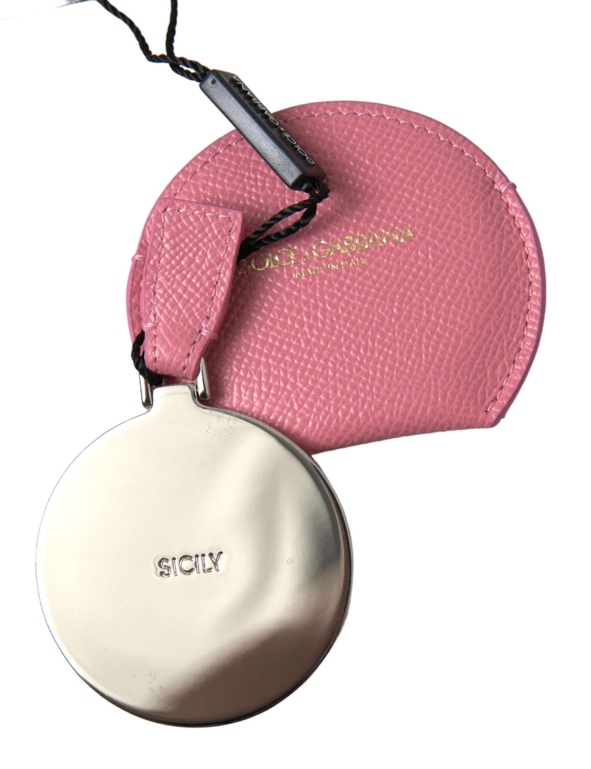 Dolce & Gabbana Pink Calfskin Round Logo Print Hand Mirror Holder