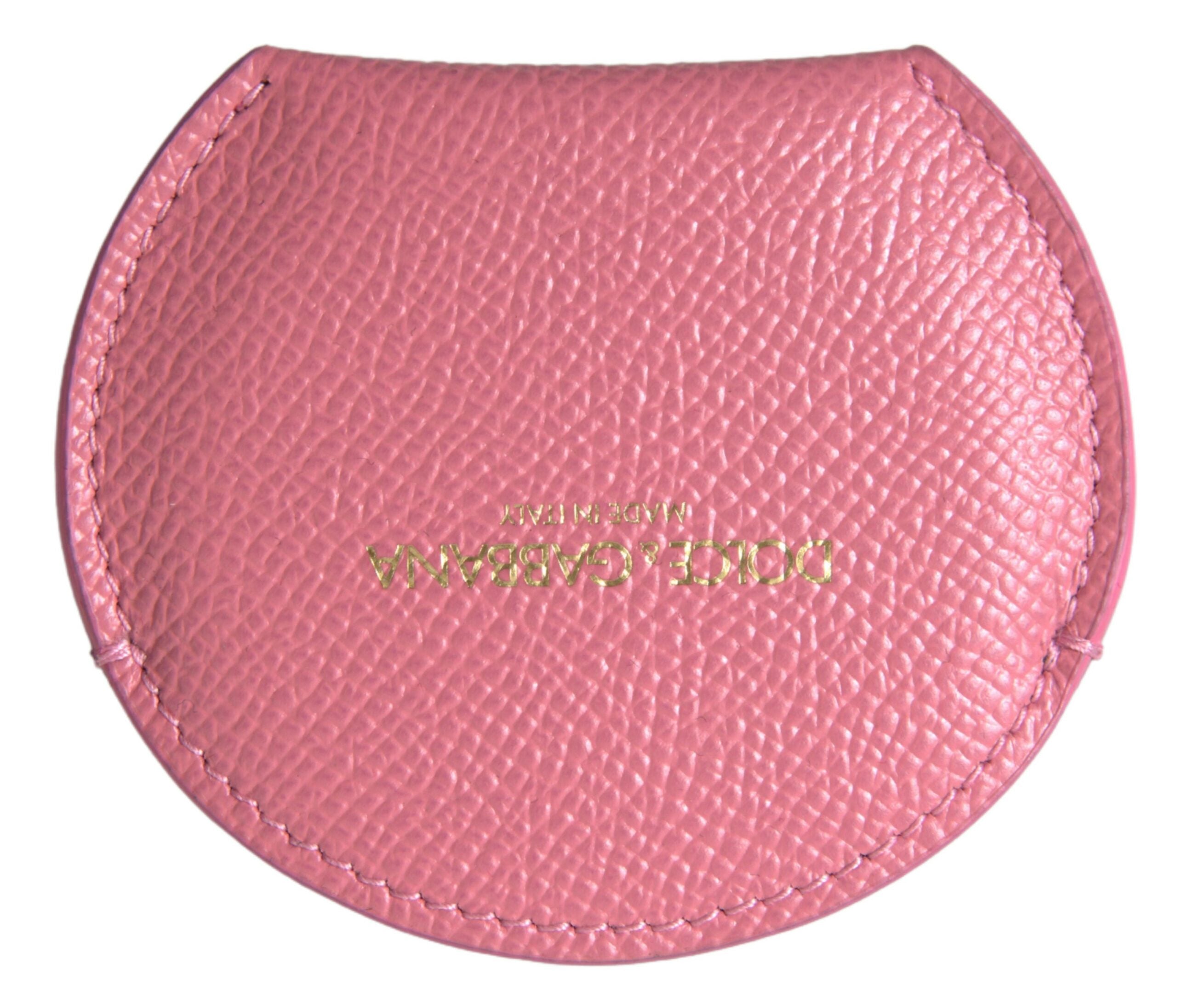 Dolce & Gabbana Pink Calfskin Round Logo Print Hand Mirror Holder
