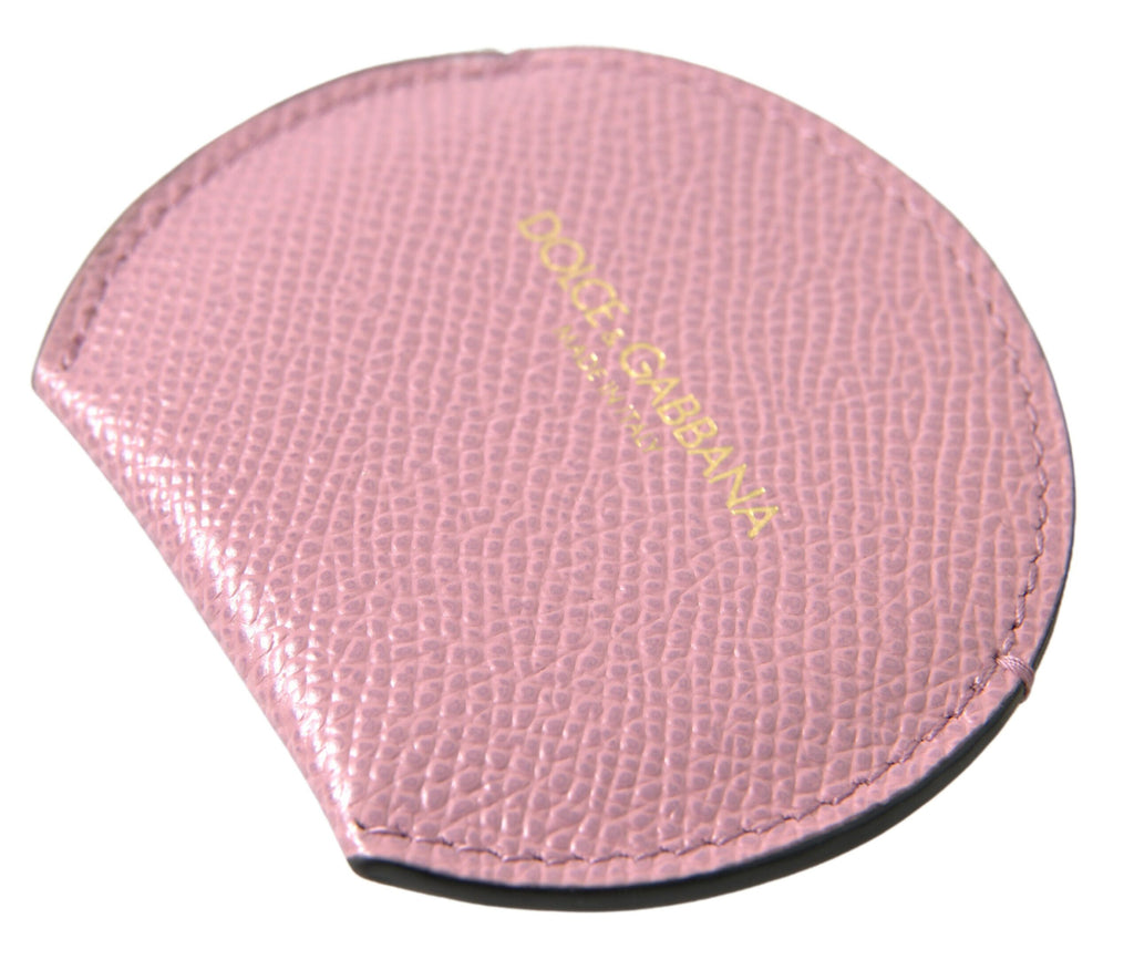 Dolce & Gabbana Pink Calfskin Round Logo Print Hand Mirror Holder