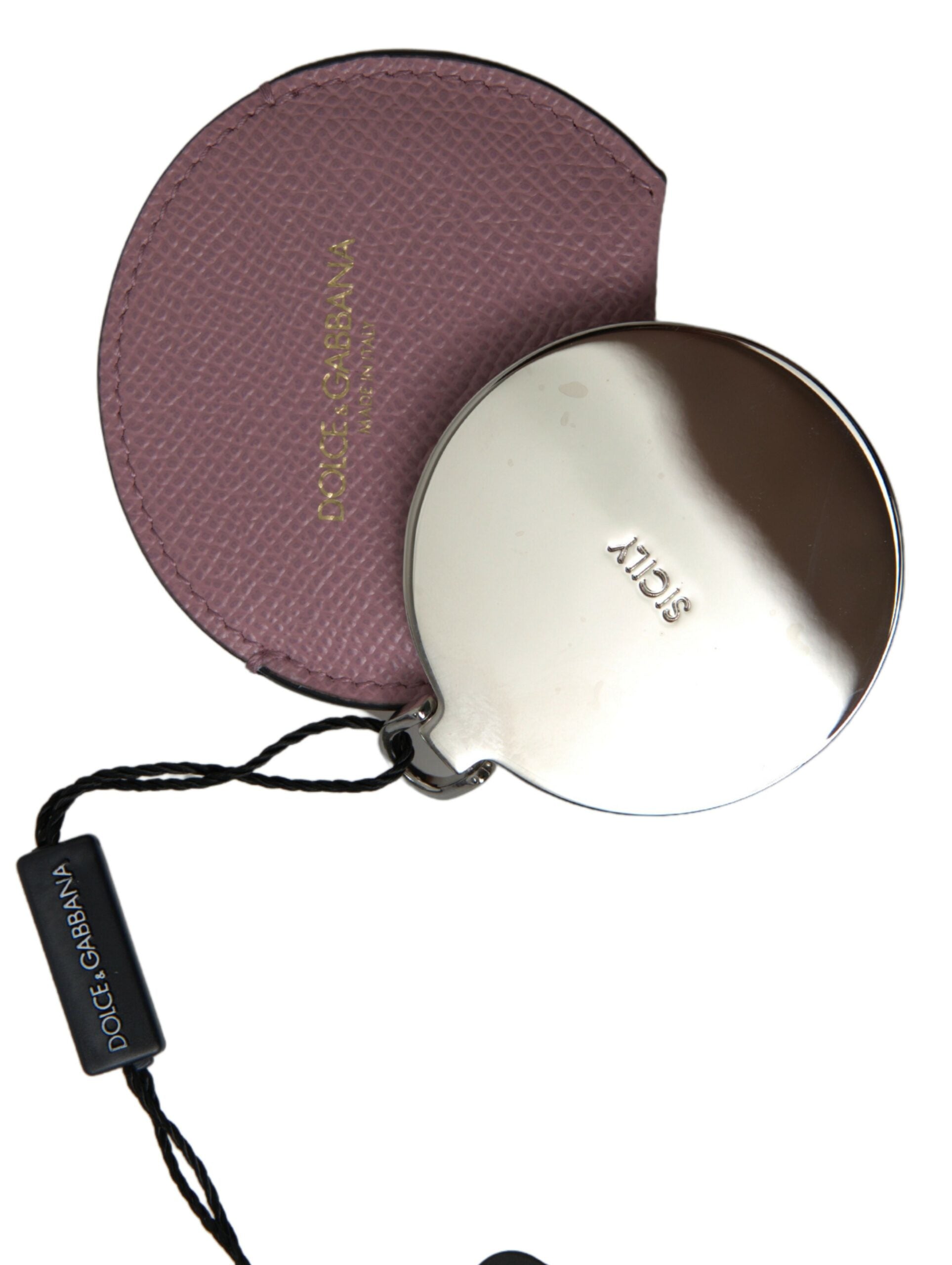 Dolce & Gabbana Pink Calfskin Round Logo Print Hand Mirror Holder