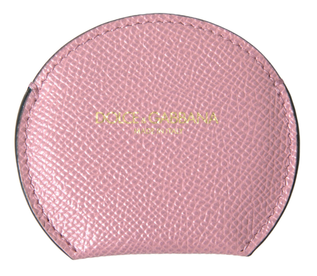 Dolce & Gabbana Pink Calfskin Round Logo Print Hand Mirror Holder