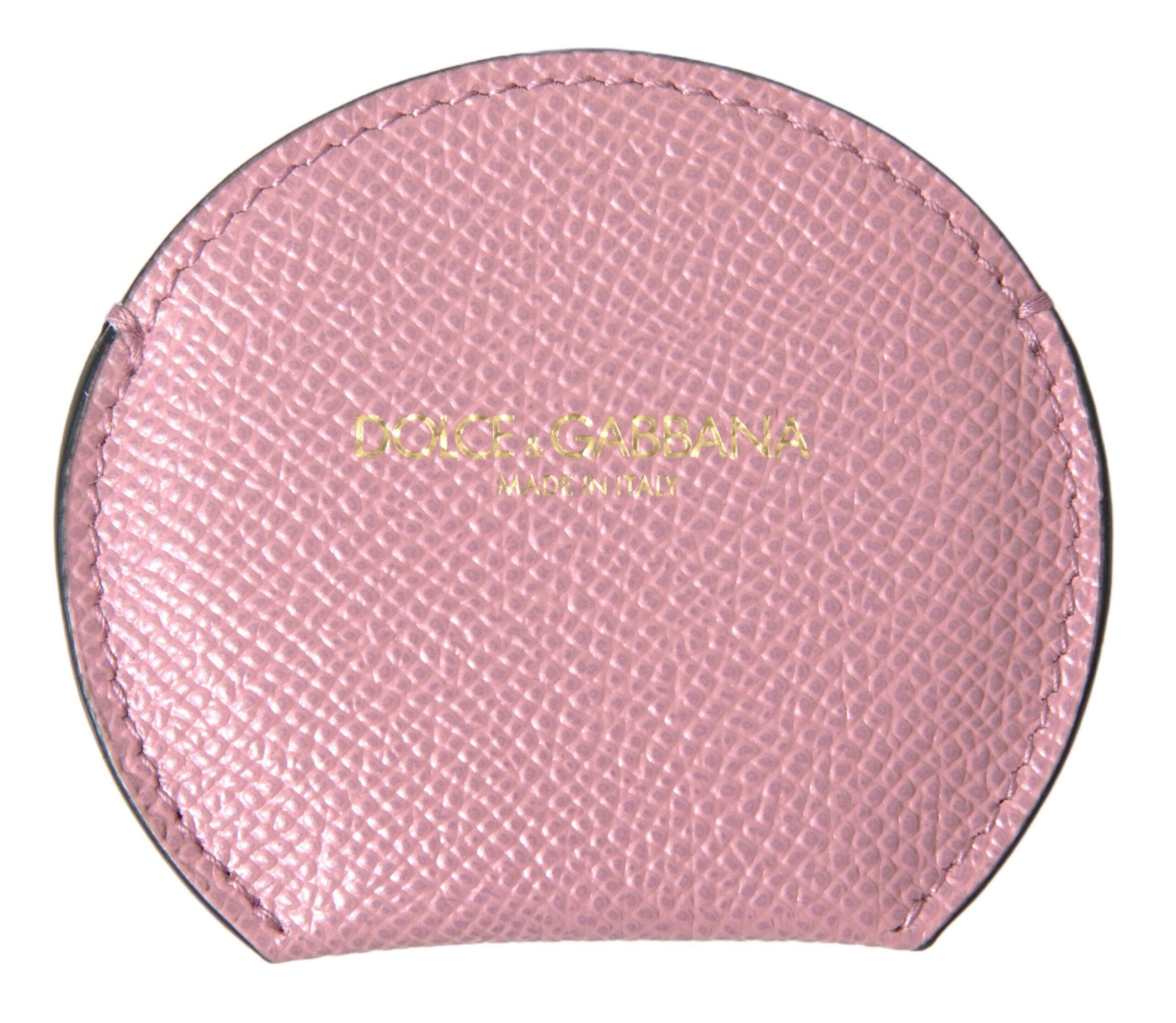 Dolce & Gabbana Pink Calfskin Round Logo Print Hand Mirror Holder