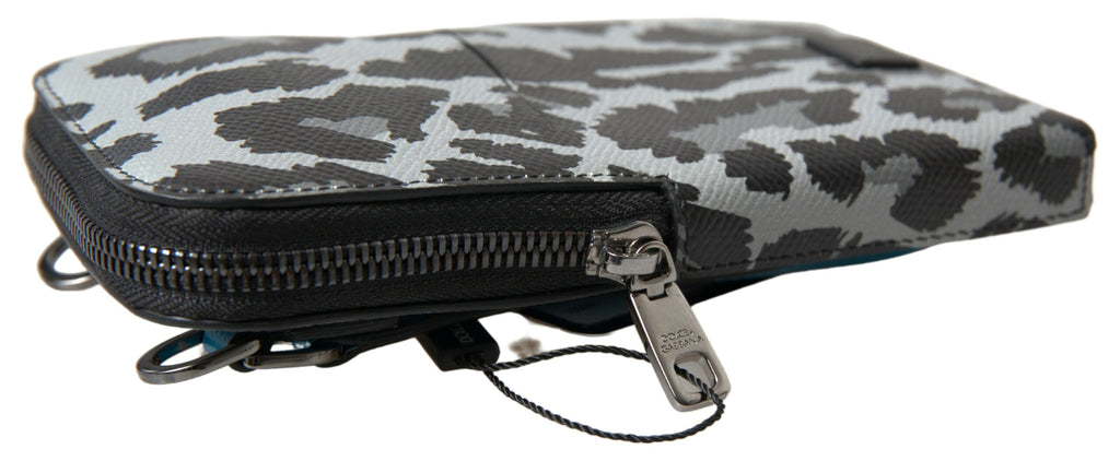 Dolce & Gabbana Grauer Leopard Leder Männer Geldbörse Crossbody Sling Telefon Tasche