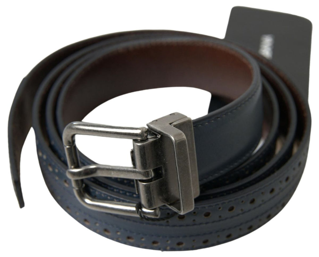 Dolce & Gabbana Blue Leather Belt with Perforated Metal Buckle