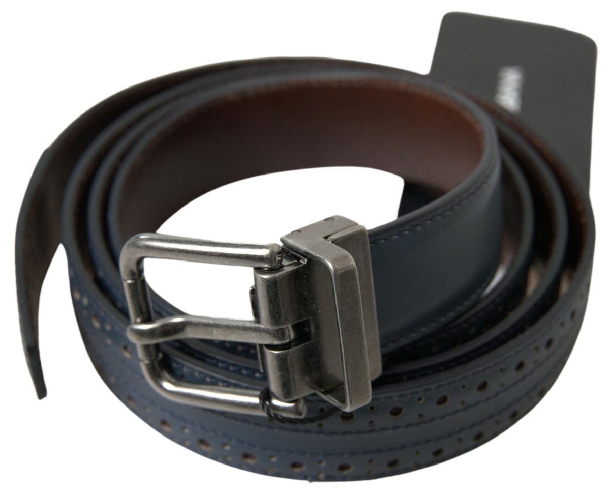Dolce & Gabbana Blue Leather Belt with Perforated Metal Buckle
