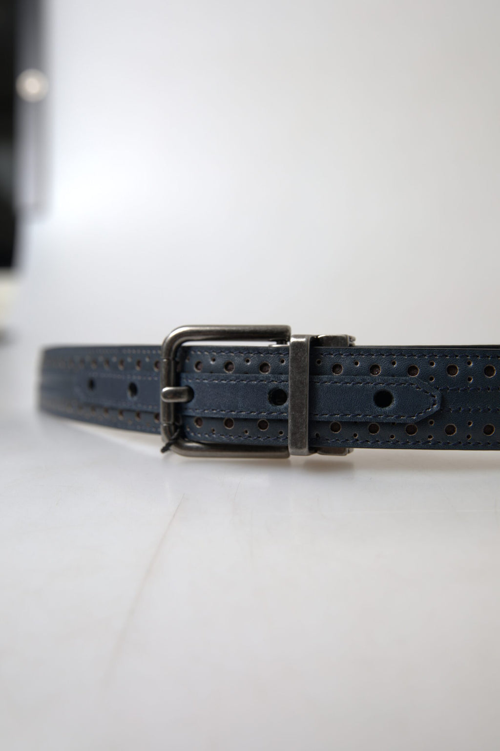 Dolce & Gabbana Blue Leather Belt with Perforated Metal Buckle