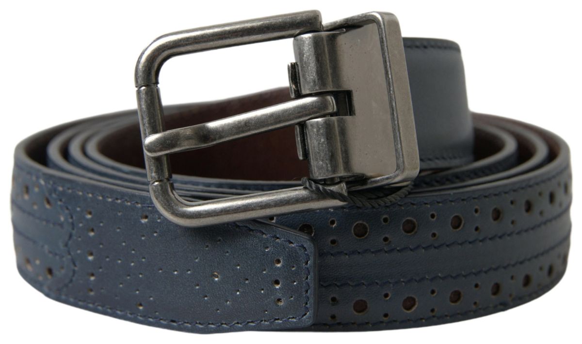 Dolce & Gabbana Blue Leather Belt with Perforated Metal Buckle