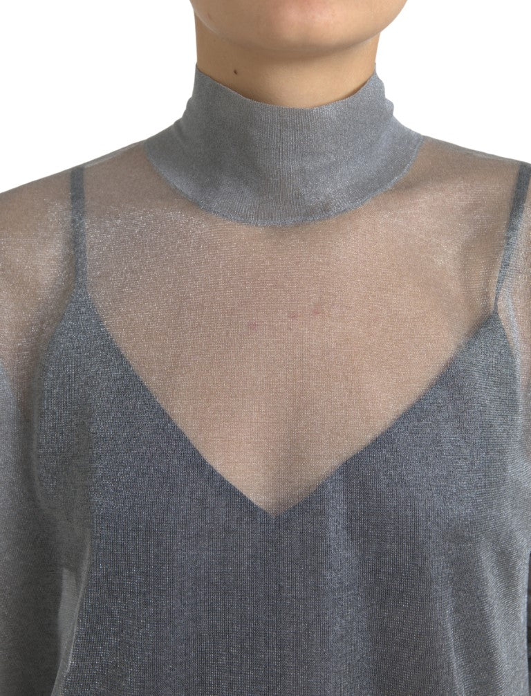 Dolce & Gabbana Graues Netz-Rollkragen-Langarmblusen-Top
