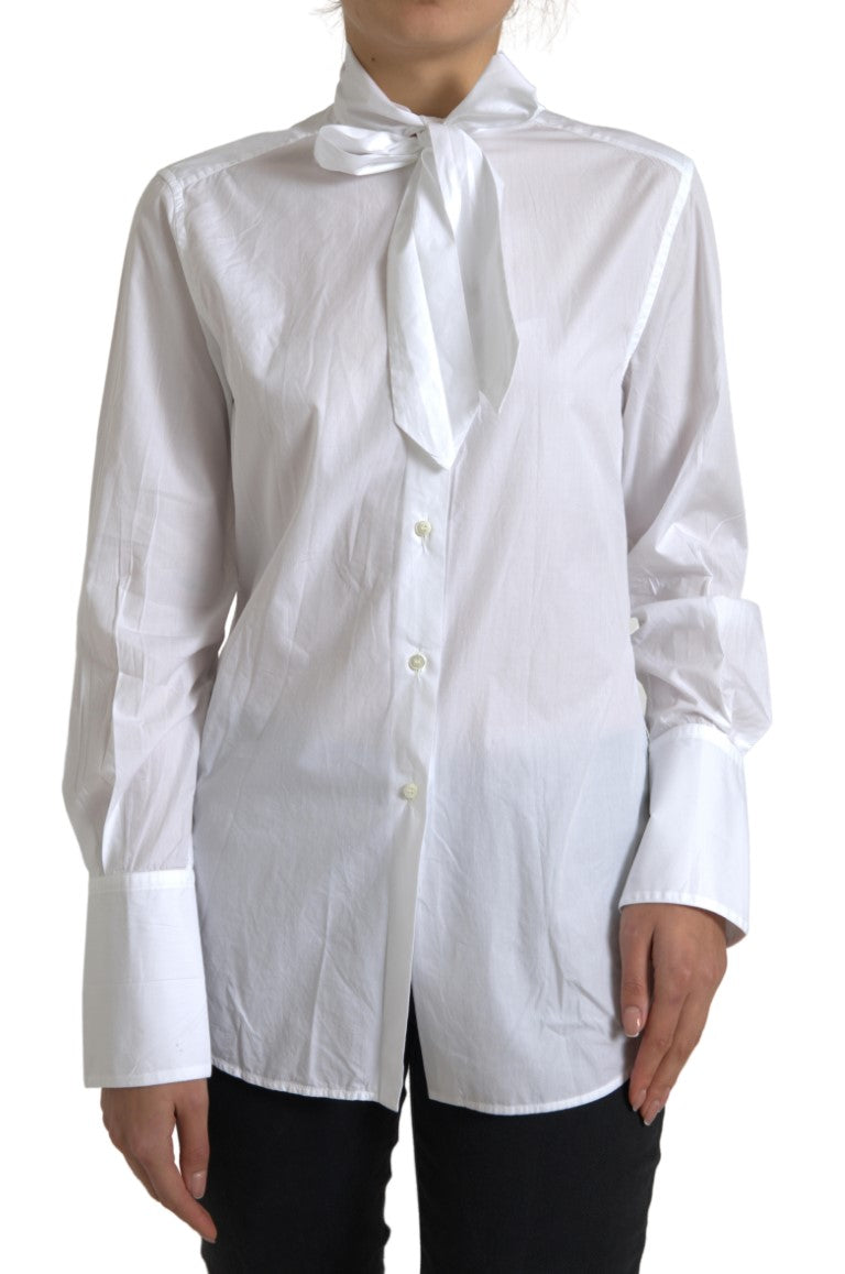 Dolce & Gabbana White Cotton Top with Ascot Collar and Long Sleeves