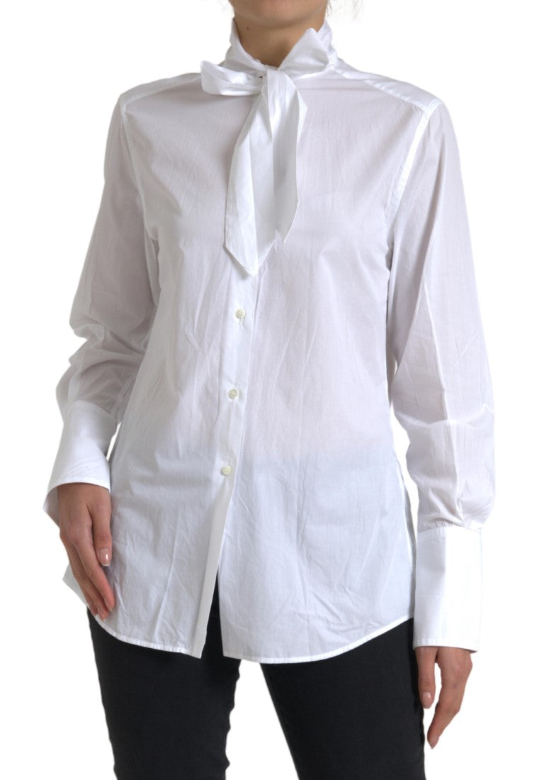 Dolce & Gabbana White Cotton Top with Ascot Collar and Long Sleeves