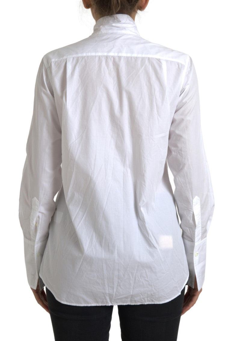 Dolce & Gabbana White Cotton Top with Ascot Collar and Long Sleeves