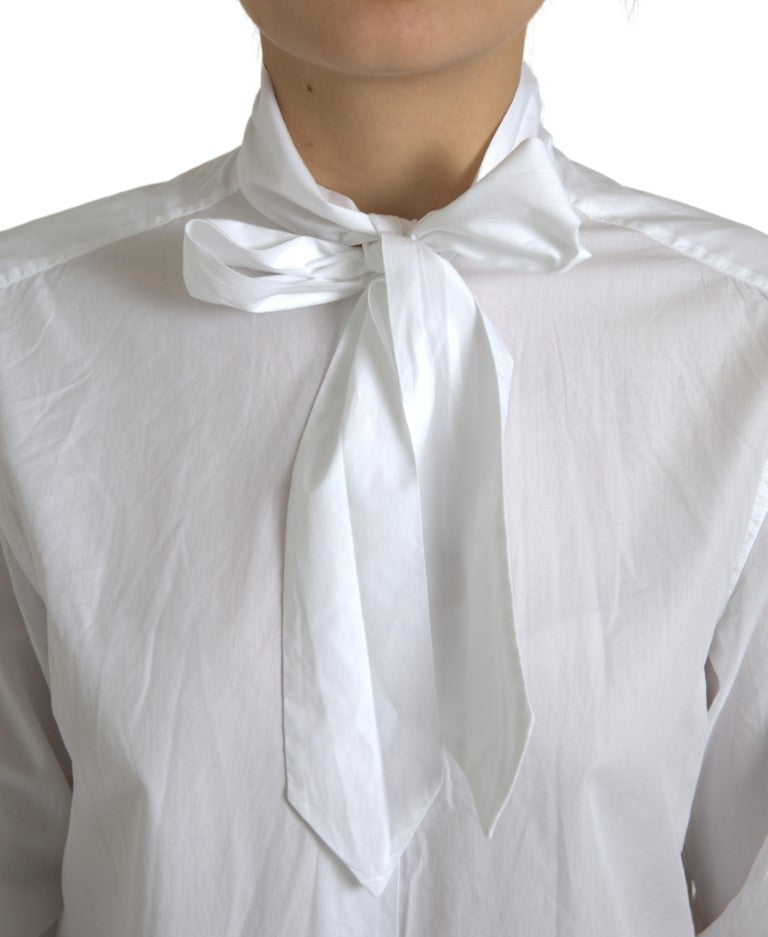 Dolce & Gabbana White Cotton Top with Ascot Collar and Long Sleeves