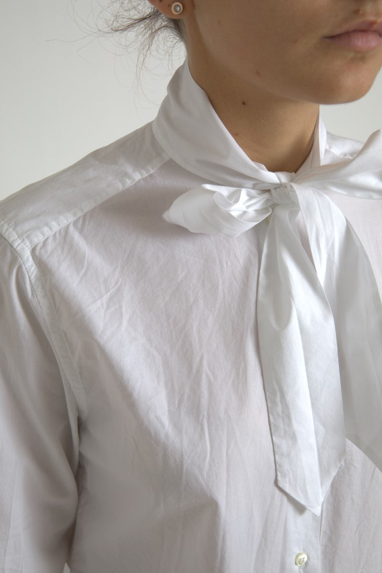 Dolce & Gabbana White Cotton Top with Ascot Collar and Long Sleeves