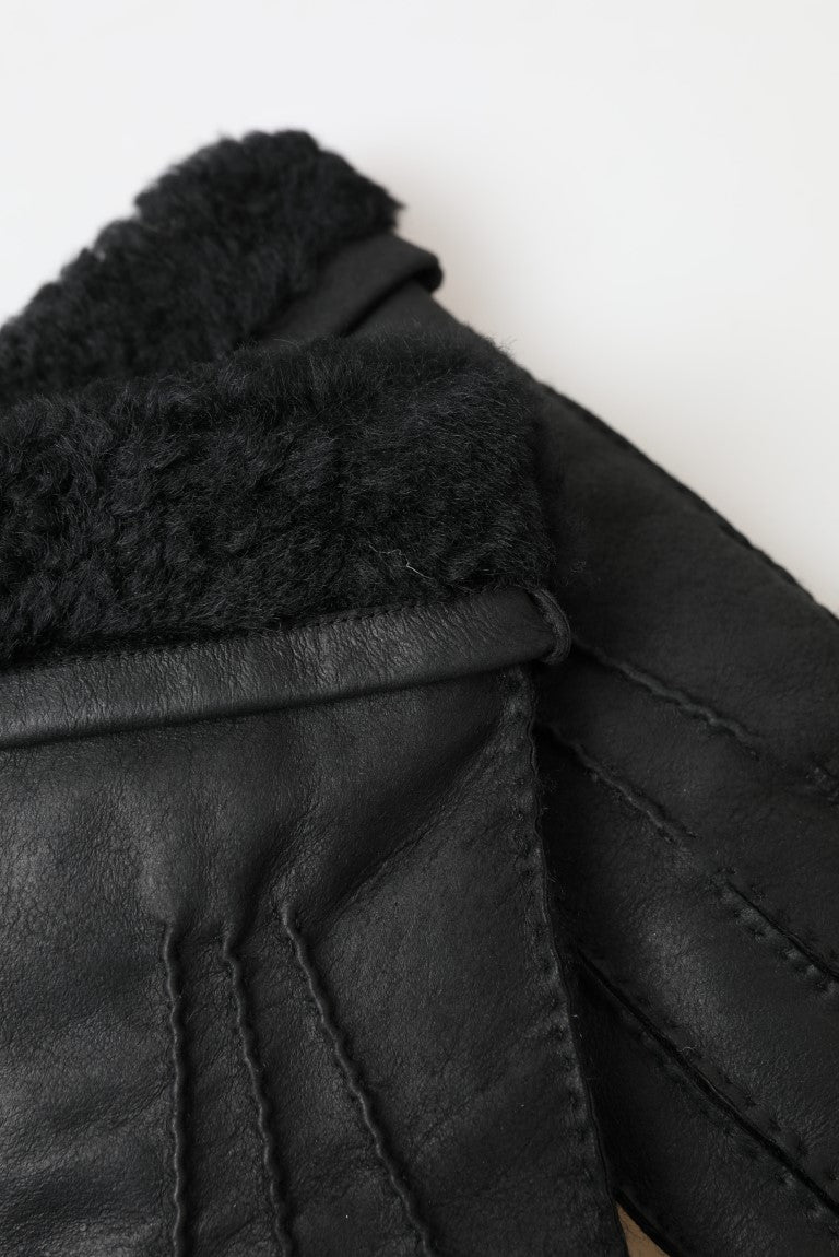 Dolce & Gabbana Black Leather Fur Short Hand Mittens Men's Gloves