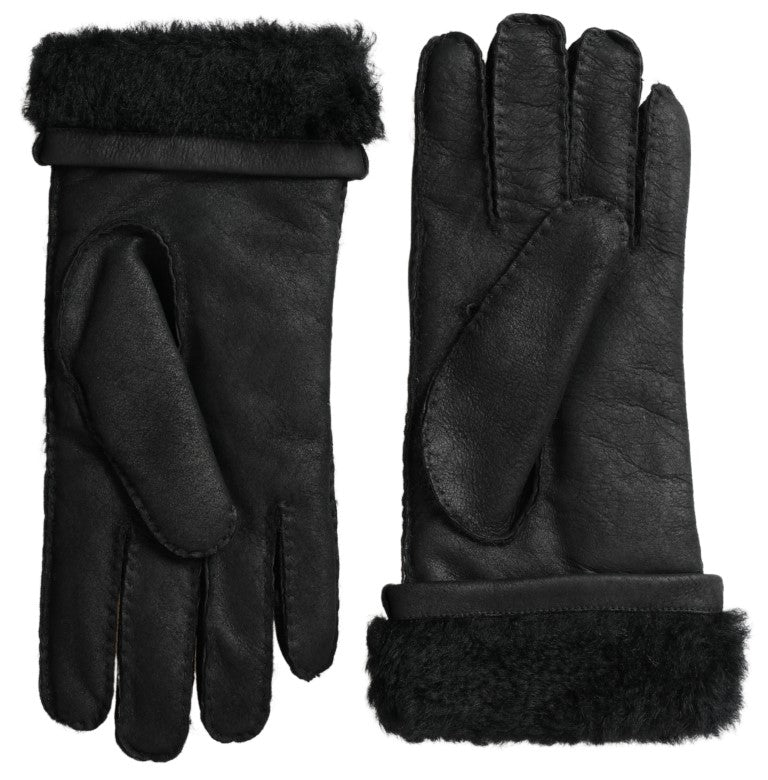 Dolce & Gabbana Black Leather Fur Short Hand Mittens Men's Gloves