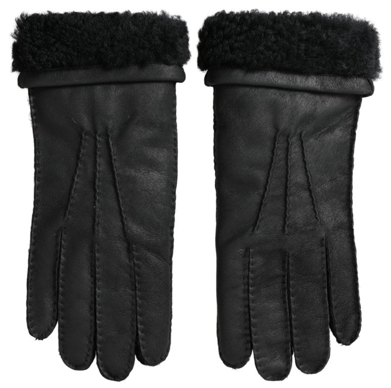 Dolce & Gabbana Black Leather Fur Short Hand Mittens Men's Gloves