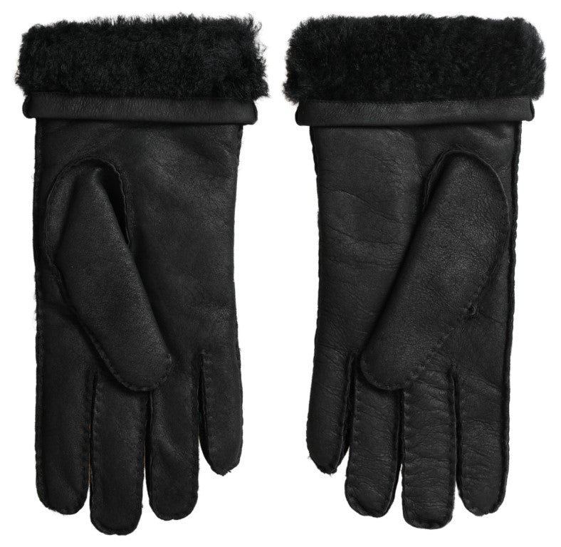 Dolce & Gabbana Black Leather Fur Short Hand Mittens Men's Gloves