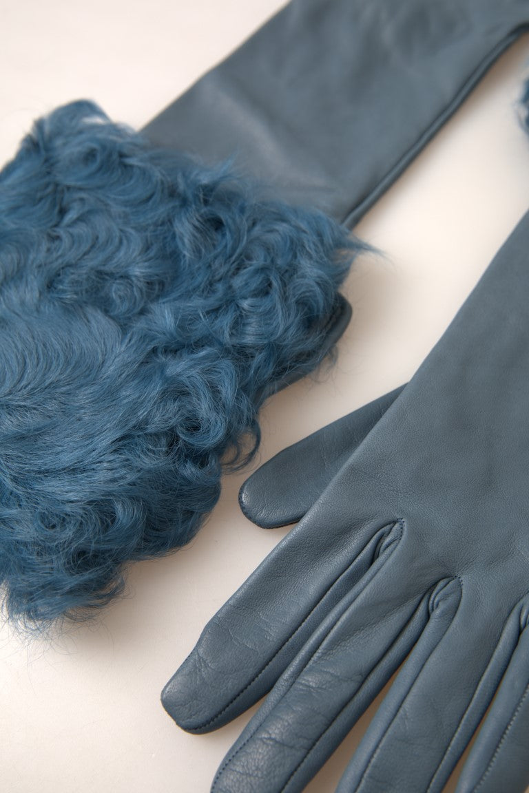 Dolce & Gabbana Blaue Lederpelz-Handschuhe mittlerer Armlänge