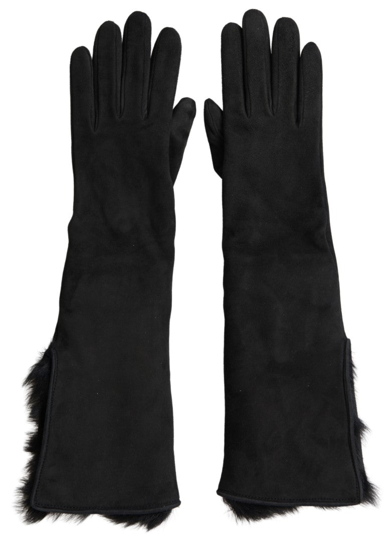 Dolce & Gabbana Black Leather Fur Elbow-Length Gloves