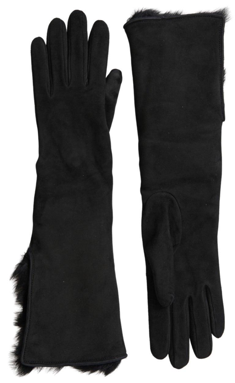 Dolce & Gabbana Schwarzes Leder Pelz Ellenbogenlange Handschuhe
