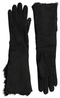 Dolce & Gabbana Schwarzes Leder Pelz Ellenbogenlange Handschuhe