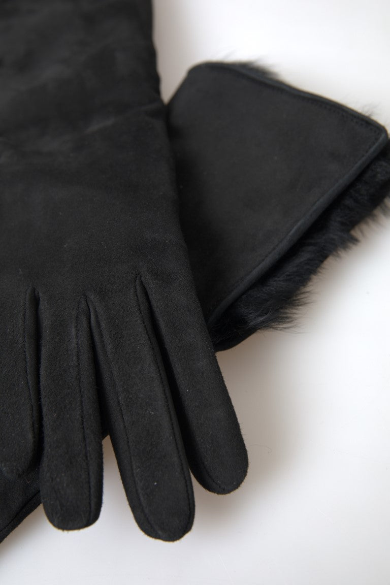 Dolce & Gabbana Black Leather Fur Elbow-Length Gloves