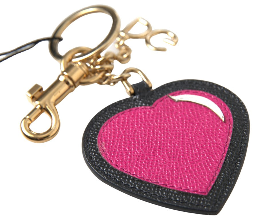 Dolce & Gabbana Schwarzes Fuchsia Herz Leder Gold Metall Schlüsselring Schlüsselanhänger