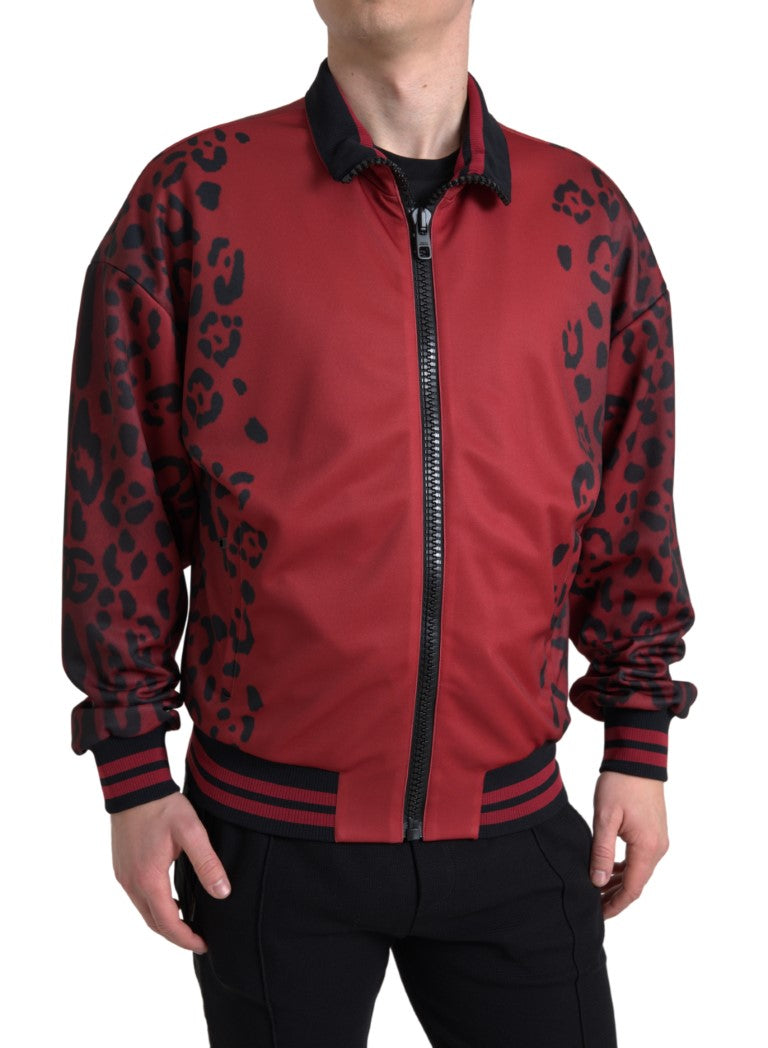 Dolce & Gabbana Red Leopard Polyester Full Zip Bomber Jacket