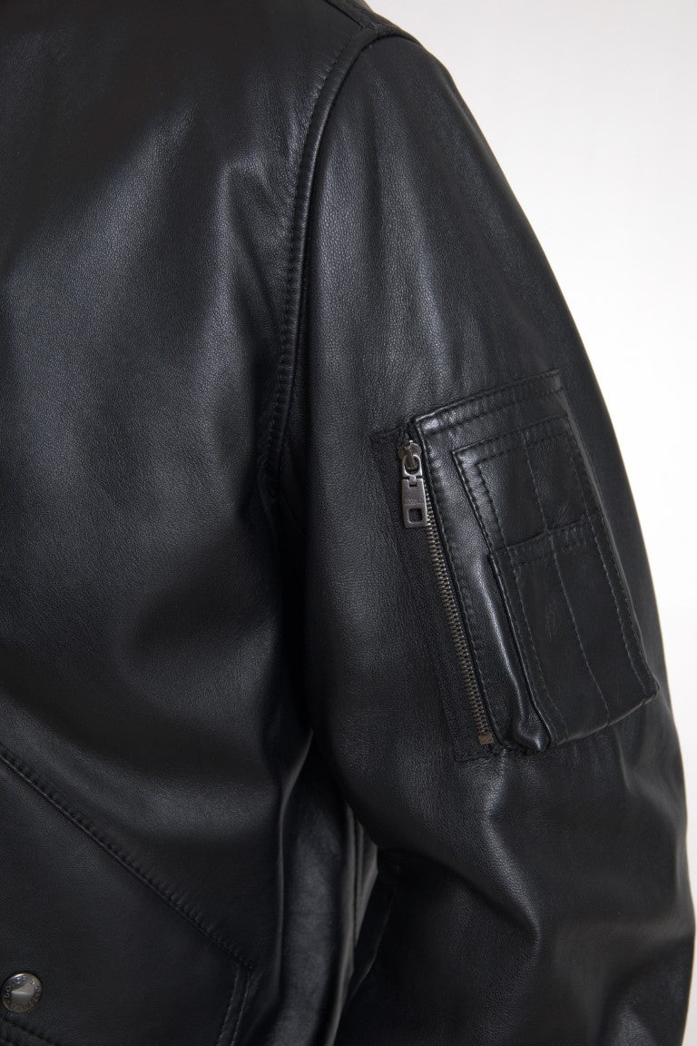 Dolce & Gabbana Black Leather Blouson Bomber Jacket with Full Zip