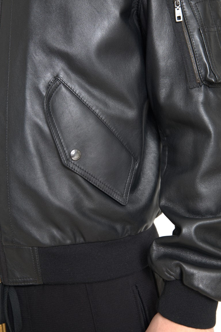 Dolce & Gabbana Black Leather Blouson Bomber Jacket with Full Zip