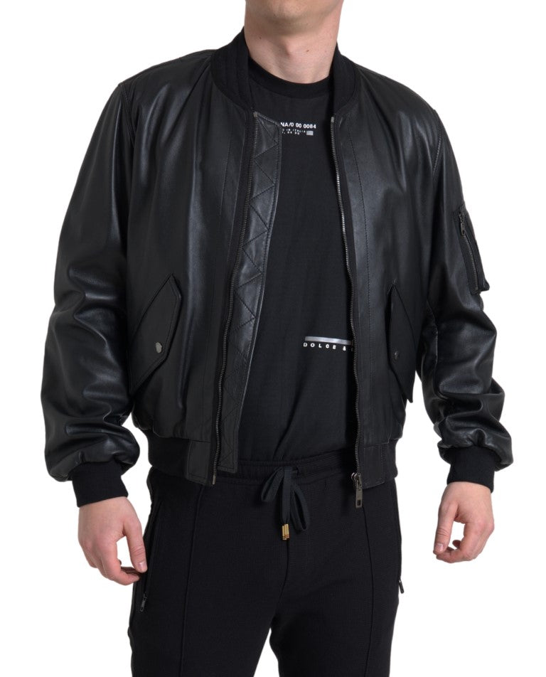 Dolce & Gabbana Black Leather Blouson Bomber Jacket with Full Zip