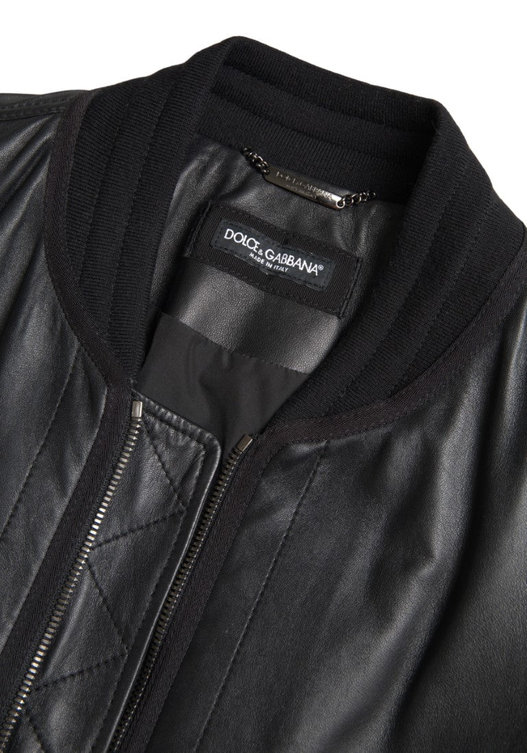 Dolce & Gabbana Black Leather Blouson Bomber Jacket with Full Zip