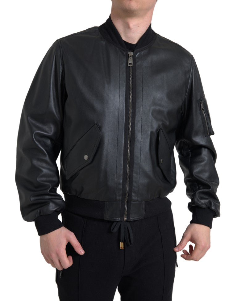 Dolce & Gabbana Black Leather Blouson Bomber Jacket with Full Zip
