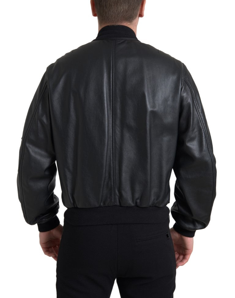 Dolce & Gabbana Black Leather Blouson Bomber Jacket with Full Zip