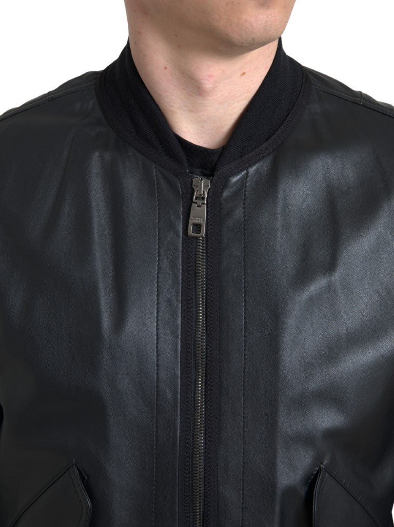 Dolce & Gabbana Black Leather Blouson Bomber Jacket with Full Zip
