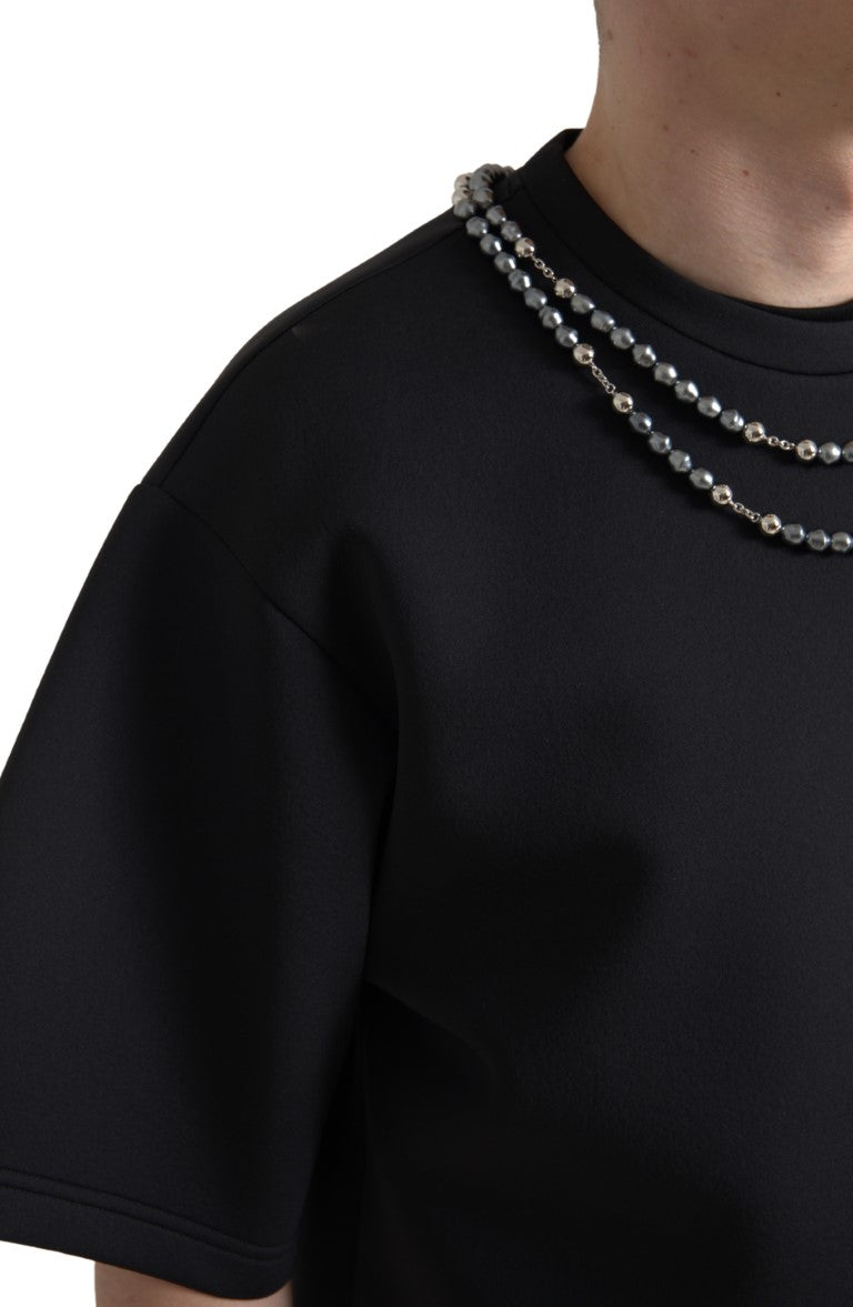 Dolce & Gabbana Black Polyester T-Shirt with Necklace Embellishment