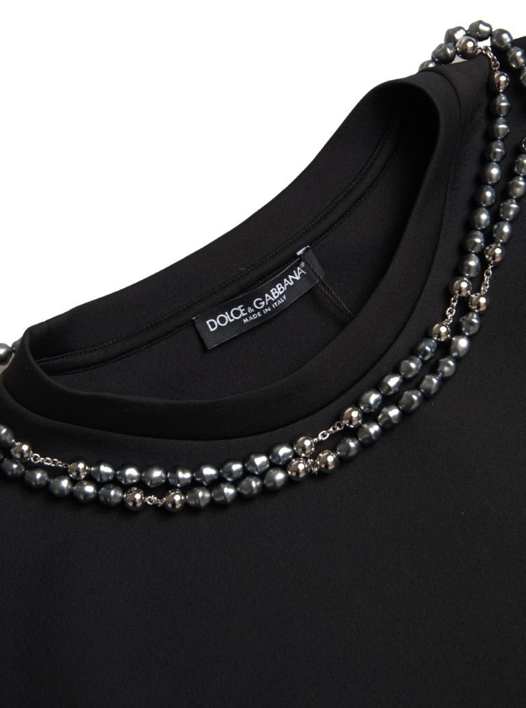 Dolce & Gabbana Black Polyester T-Shirt with Necklace Embellishment