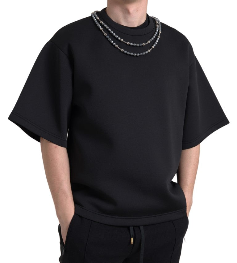 Dolce & Gabbana Black Polyester T-Shirt with Necklace Embellishment
