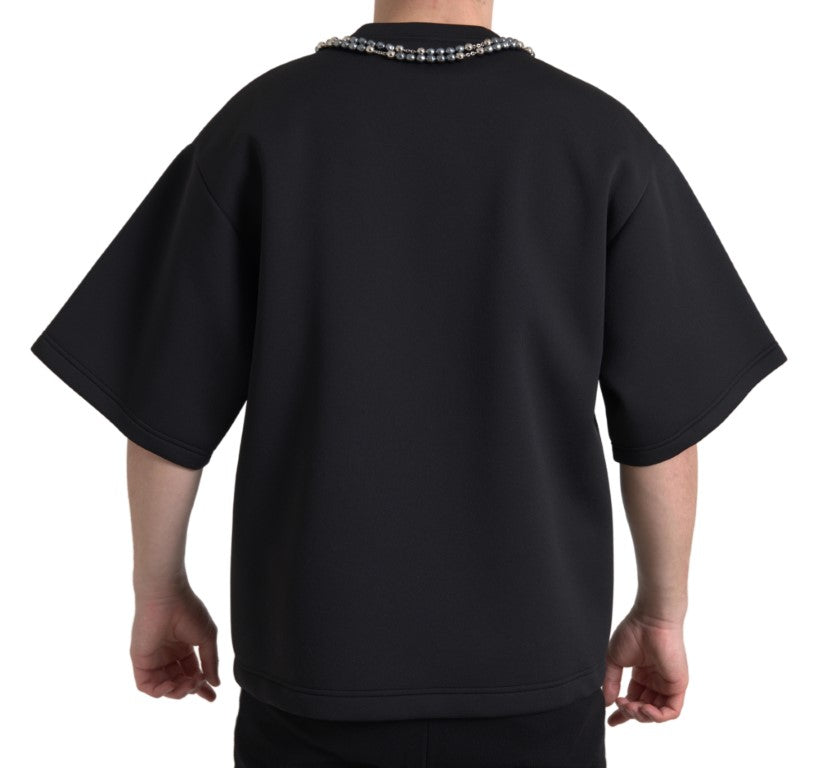 Dolce & Gabbana Black Polyester T-Shirt with Necklace Embellishment