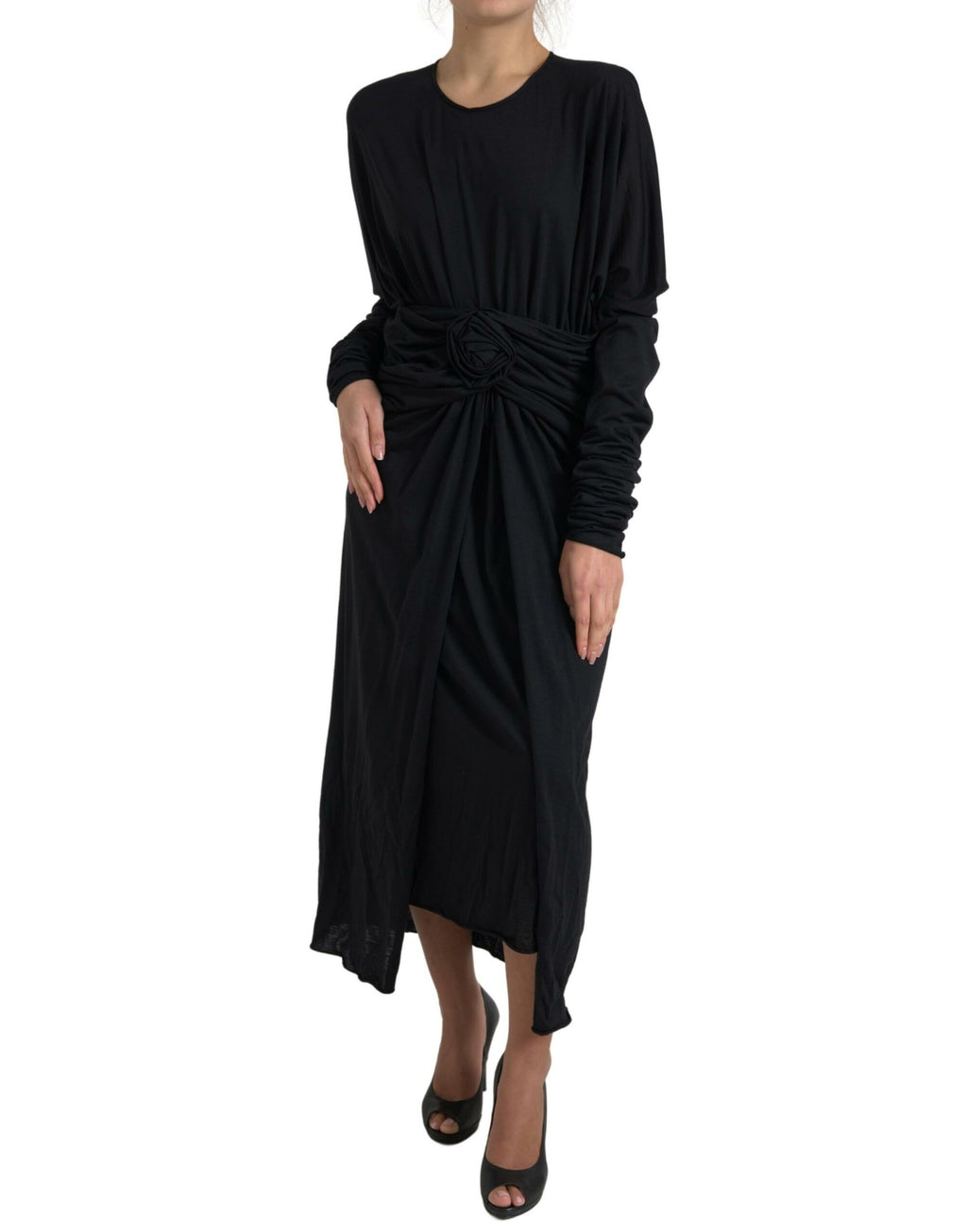 Dolce & Gabbana Black Wool Wrap Midi Dress