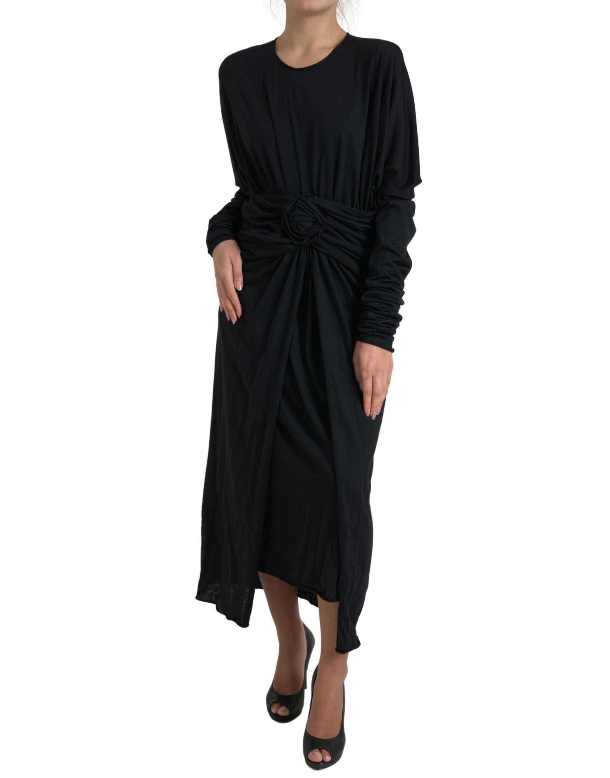 Dolce & Gabbana Black Wool Wrap Midi Dress