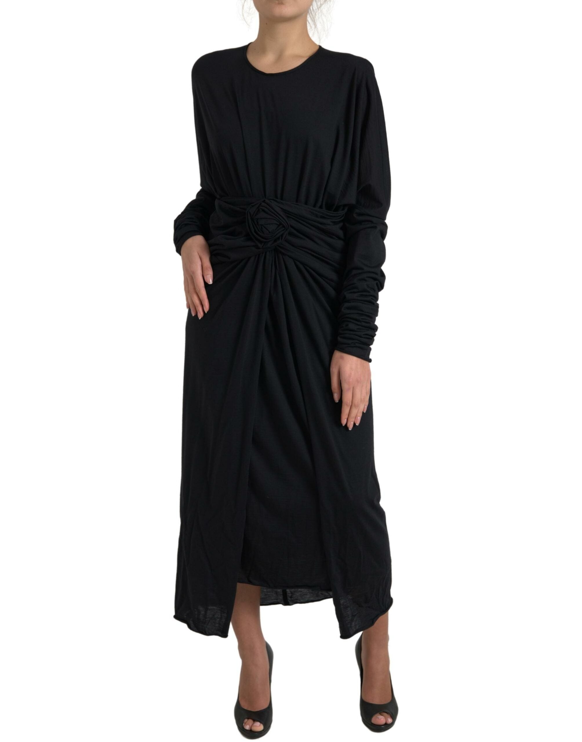 Dolce & Gabbana Black Wool Wrap Midi Dress