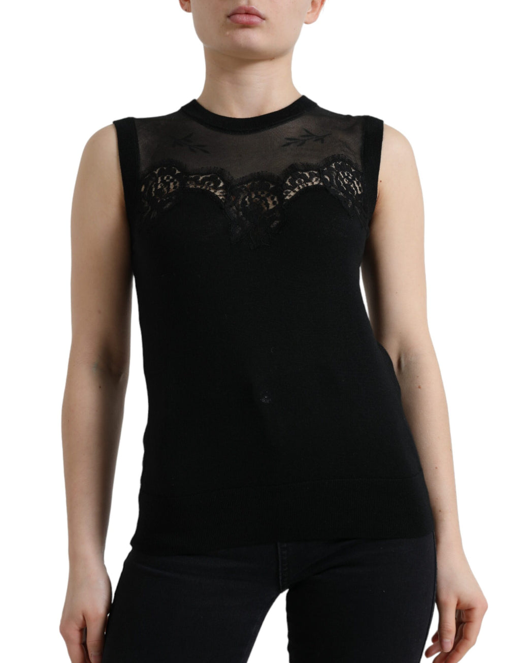 Dolce & Gabbana Schwarzes ärmelloses Tank-Top mit Spitzenbesatz aus Kaschmir