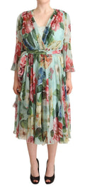 Dolce & Gabbana Multicolor Grün Floral Seiden Wickel Midikleid