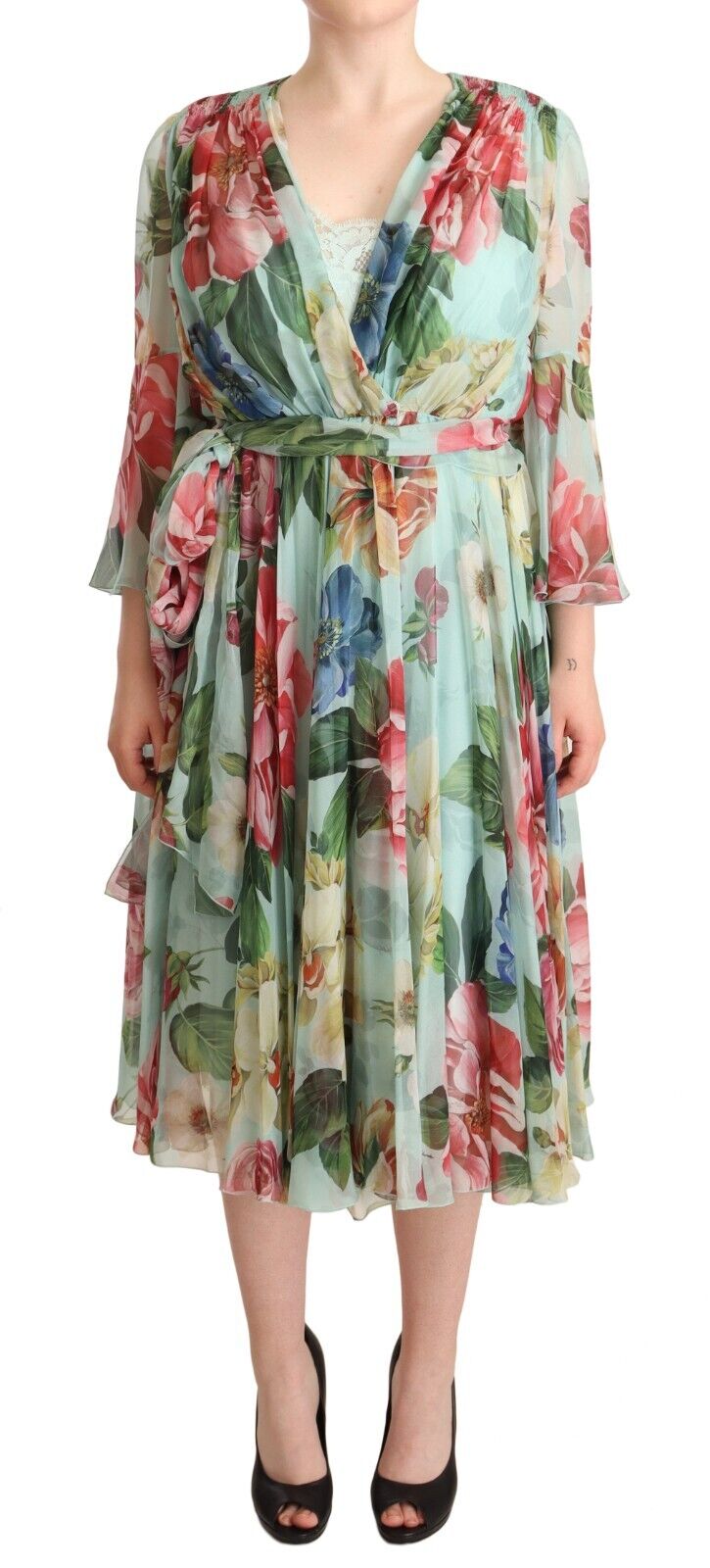 Dolce & Gabbana Multicolor Grün Floral Seiden Wickel Midikleid