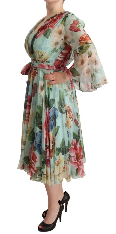 Dolce & Gabbana Multicolor Grün Floral Seiden Wickel Midikleid