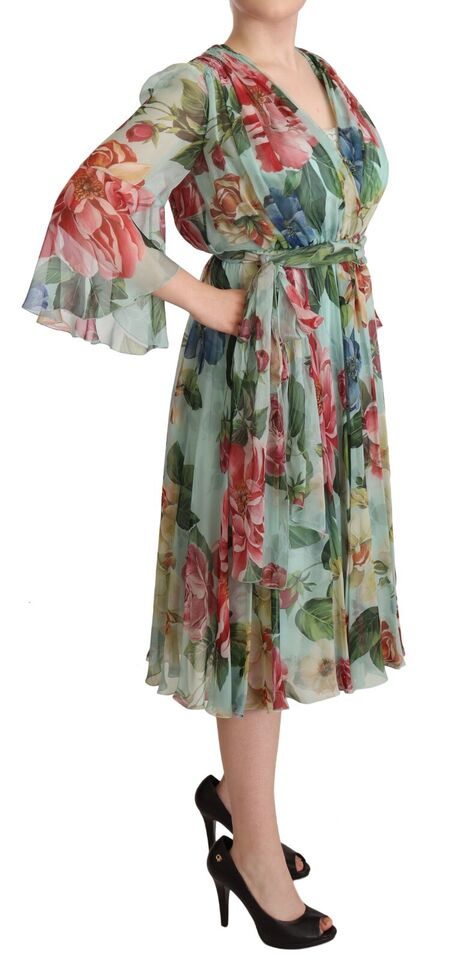 Dolce & Gabbana Multicolor Grün Floral Seiden Wickel Midikleid