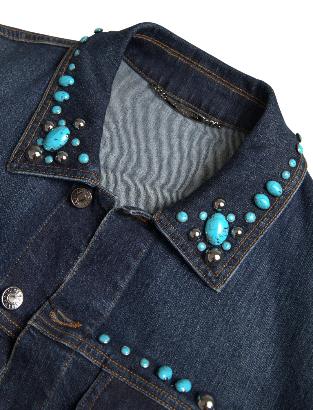 Dolce & Gabbana Blaue Denim-Jacke mit türkisfarbenen Steinen und Nieten