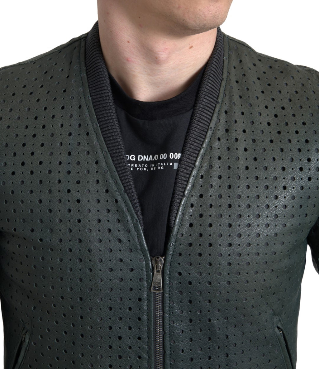 Dolce & Gabbana Grüne Bomberjacke aus Leder mit Perforation